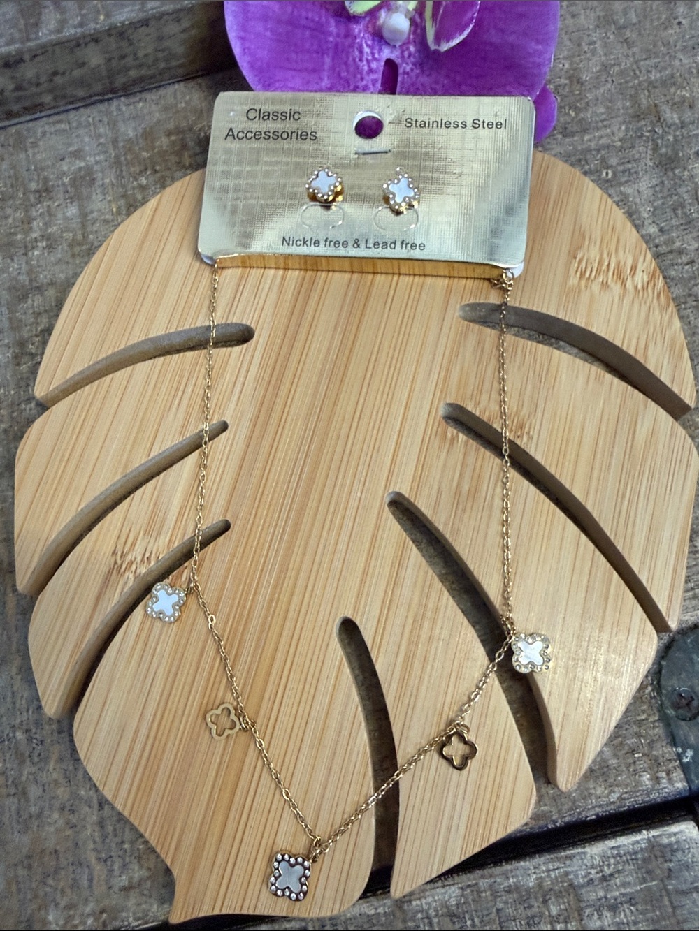 Gold & White Clover Necklace and Earring Set